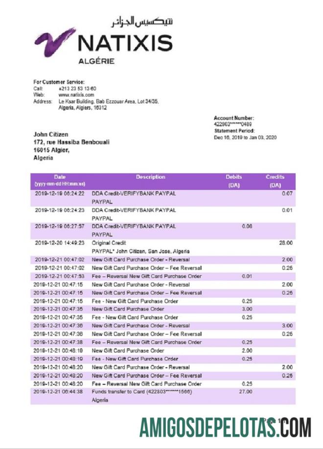 Algeria Natixis Algerie modelo de extrato bancário